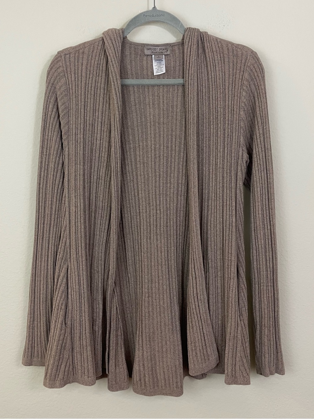Barefoot Dreams CozyChic‎ Ultra Lite Taupe Rib Open-Front Hooded Cardigan Size S